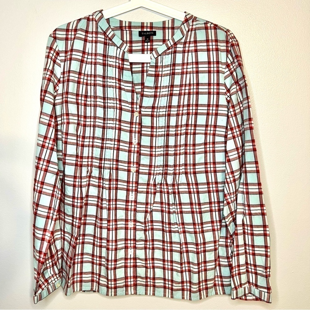 Talbots Size M Soft Cotton Plaid Long Sleeves Button Down Shirt Office